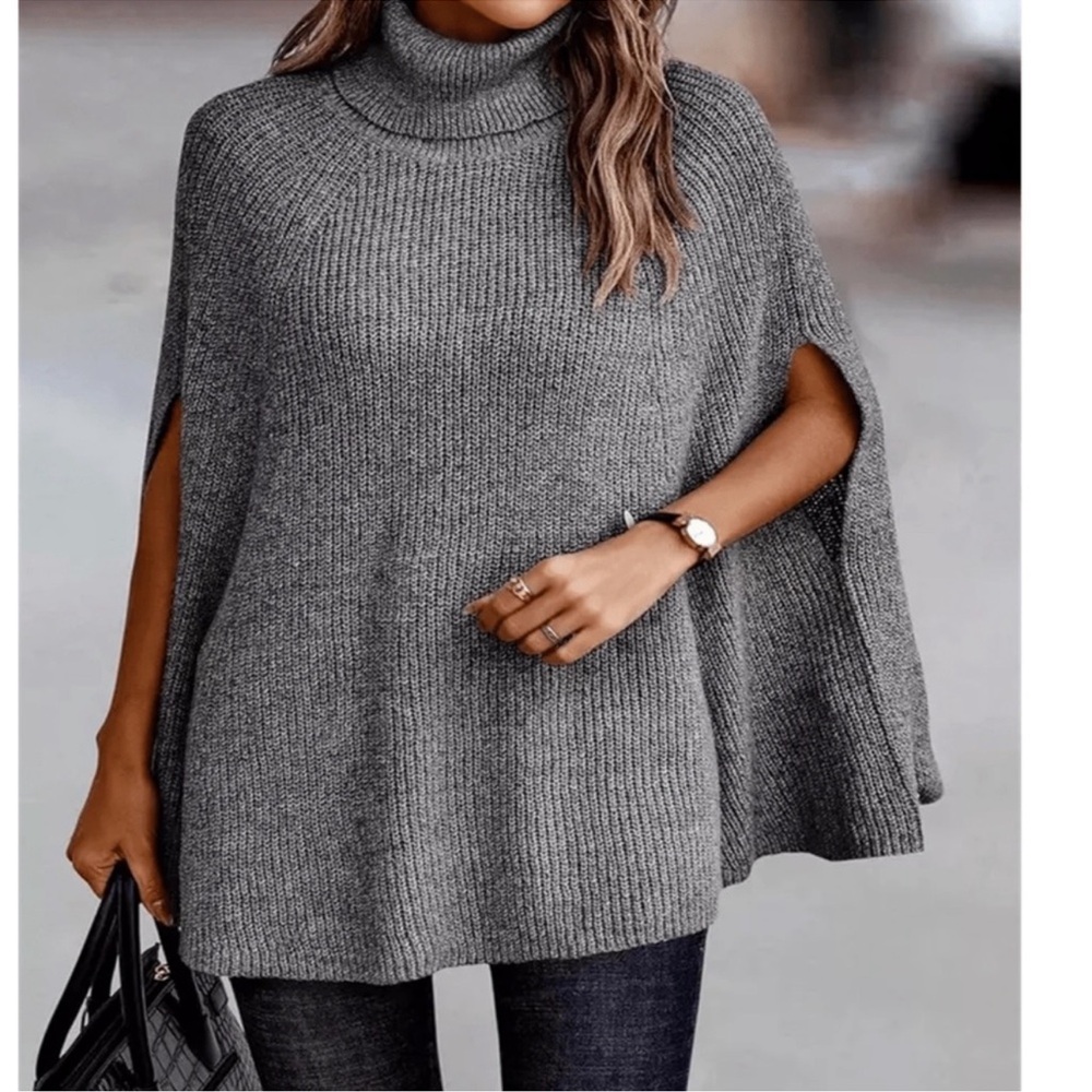 Plus Charcoal Turtleneck Poncho Sweater Top 1X 2X 3X